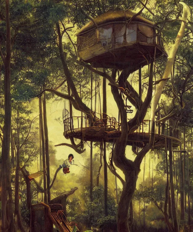 Image similar to masterful oil on canvas painting, eye - level view, shot from 5 0 feet distance, of a kid playing in a treehouse. in the background is a whimsical sparse forest. golden hour, detailed, depth, volume, chiaroscuro, quiet intensity, vivid color palette. by tex avery and gerald brom