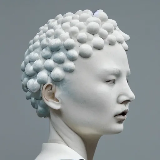 Image similar to female porcelain sculpture by daniel arsham and raoul marks, smooth, full head, all white features on a white background, detailed white 3 d giant poppies on the head