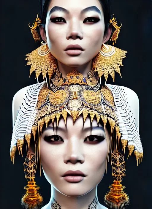 Prompt: absurdly beautiful young thai woman with symmetrical white makeup, wearing an intricate headdress made from bones and leather, wearing large earrings made from white bones, hyperdetailed illustration by irakli nadar and alexandre ferra, intricate linework, in the style of a national geographic portrait, unreal engine 5 highly rendered, global illumination, radiant light, detailed and intricate environment