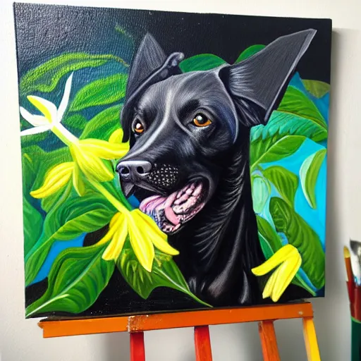 Image similar to oil painting of a black dog next to brugmansia suaveolens flowers, scary, realistic