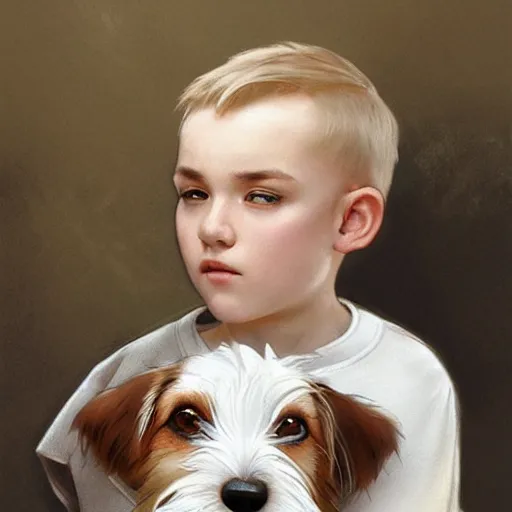 Prompt: a cute little boy with short straight blonde hair with a very cute wire haired jack russell terrier puppy, white with brown patches over both eyes. detailed, high quality painting by artgerm and greg rutkowski and alphonse mucha