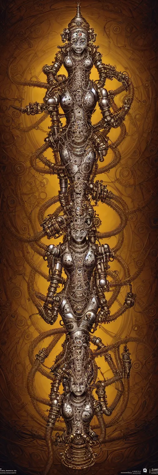 Image similar to seamless pattern of steampunk cybernetic biomechanical hindu goddess dugra, 3 d model, very coherent symmetrical artwork, unreal engine realistic render, 8 k, micro detail, gold and steel intricate, elegant, highly detailed, digital painting, artstation, smooth, sharp focus, illustration, artgerm, tomasz alen kopera, wlop