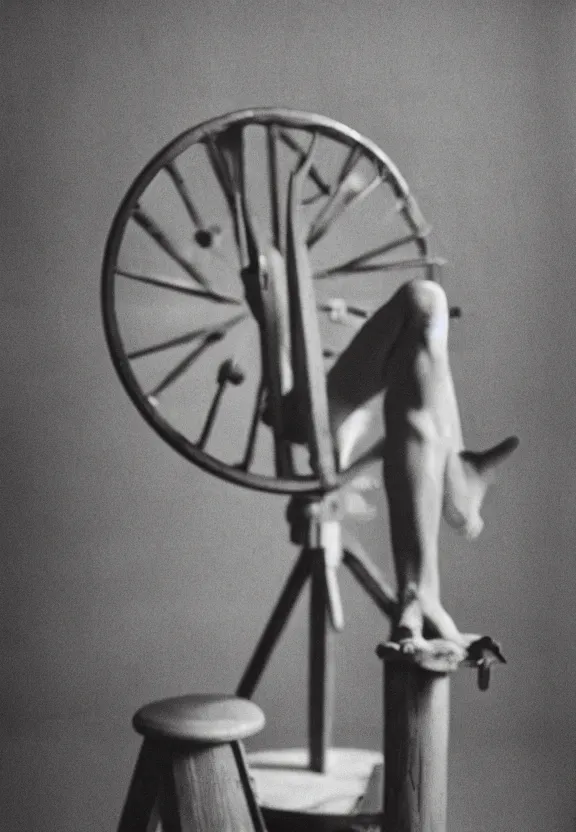 Image similar to a spinning wheel sitting on top of a stool, a surrealist sculpture by marcel duchamp, behance, fluxus, studio portrait, academic art, studio light, grainy 3 5 mm film