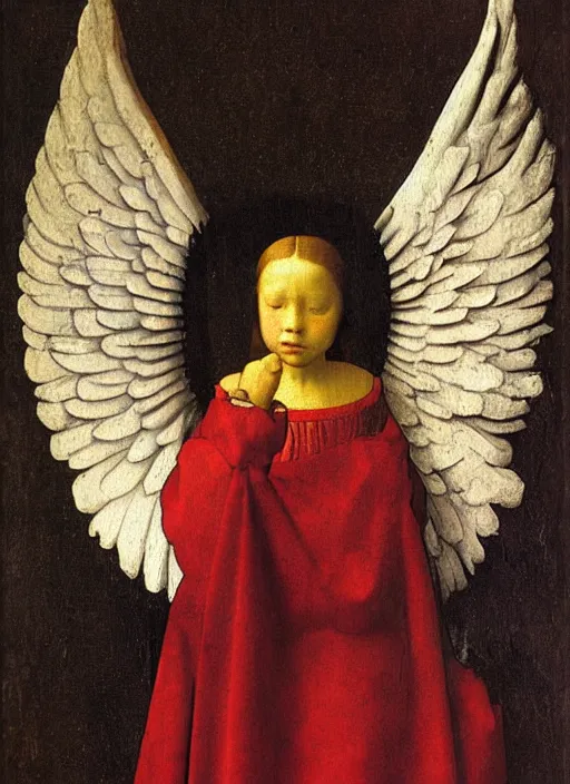 Image similar to angel wings, medieval painting by jan van eyck, johannes vermeer