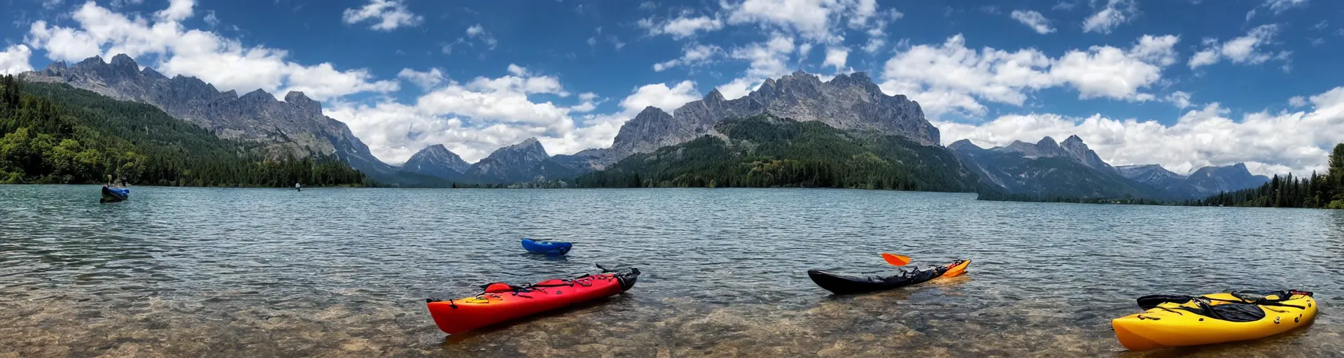 Image similar to a beautiful image of a breathtaking lake with amazing mountains in the background, there is a kayak in the foreground on the beach. landscape image