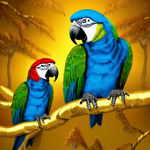 Image similar to parrots dressed in golden rings, necklaces and with caps on head, rapping and sitting on golden trees, rap scene, jungle concept art, trending on artstation, highly detailed, digital art, 8 k