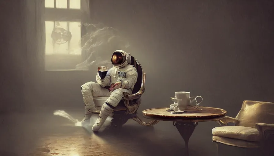 Prompt: astronaut sitting in armchair with cup of coffee with steam from cup, terraformed mars, wide shot, digital painting, intricate details, trending on artstation, concept art, octane render, realistic, highly detailed, smooth, sharp focus, beautiful, 4 k, 8 k, hd, art by charlie bowater and artgerm and greg rutkowski