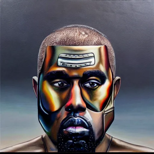 Image similar to a realistic oil painting of a cybernetic kanye west cyborg, surrealism portrait, post apocalyptic album cover