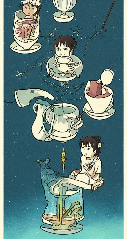 Prompt: three of cups tarot card as drawn by studio ghibli, whole card, white frame, concept art, printable, detailed, 8k, illustration