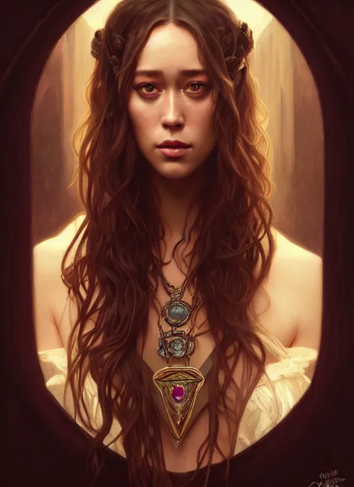 Prompt: portrait of alycia debnam - carey as a vampire lord, jewelry, greek, ruby, intricate, headshot, highly detailed, digital painting, artstation, concept art, sharp focus, cinematic lighting, illustration, art by artgerm and greg rutkowski, alphonse mucha, cgsociety