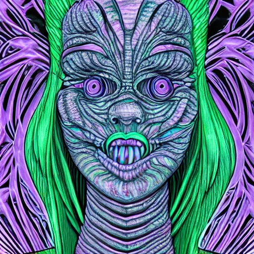 Image similar to closeup of an adorable cyber demoness, cute, eldritch woman abomination of unimaginable horror by alex grey and junji ito, speculative evolution, psychedelic illustration