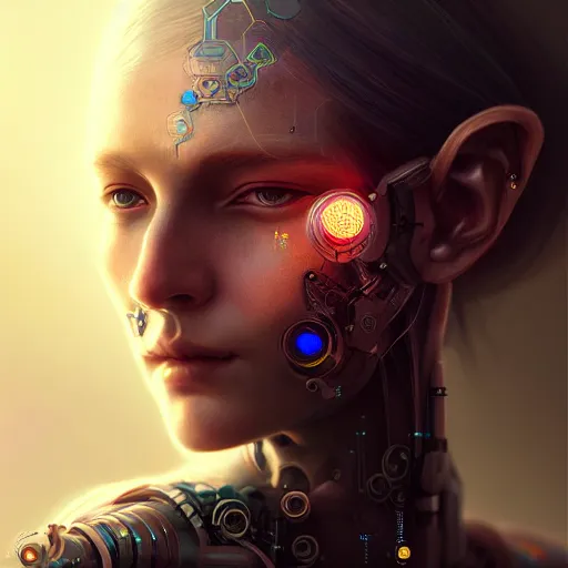 Prompt: cyberpunk robotic elvish queen, extremely detailed, hyperrealistic, intricate, soft light, fantasy, digital painting, art station, perfect faces, fine details, by wlop