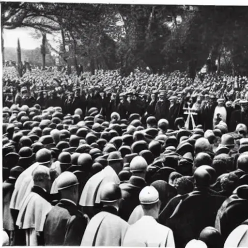 Image similar to the pope giving out communion to a large group of armed fascists in the 1930s, 8k