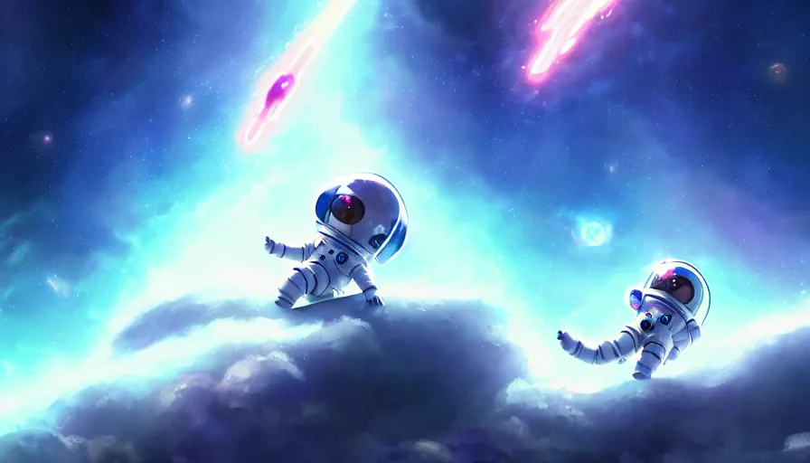 Image similar to a still of a cute kawaii astronaut android riding a large neon kaiju dragon, a detailed and dynamic outer space bsckground, a dramatic composition by wlop and greg rutkowski and makoto shinkai and studio ghibli and kyoto animation cute bubbly clothing, highly detailed, digital painting, matte