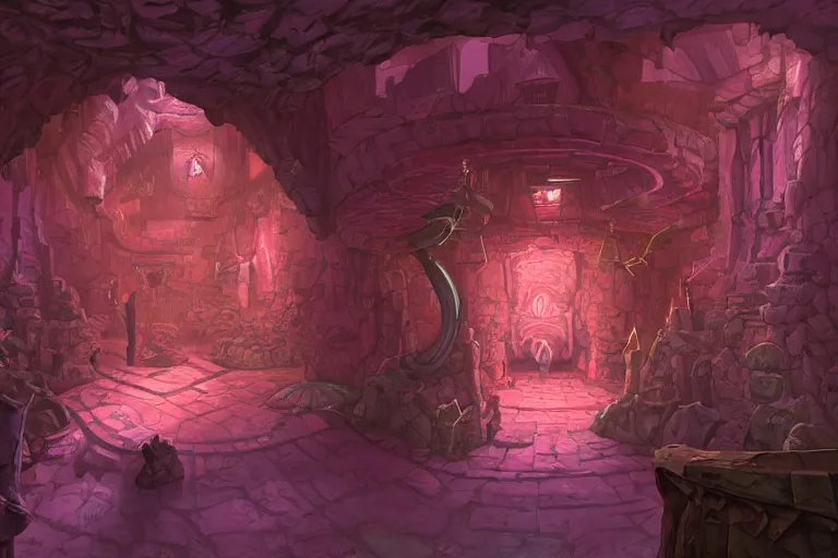 Prompt: point perspective dungeon pink chasm fantasy dungeon You step into the shaggy room. The walls and floor are made out of plasma that kinda smells like portals. A disproportionate pack of eelfolks guards the room. The room also contains a rotund robe.,by artgerm and Craig Mullins, James Jean, Andrey Ryabovichev, Mark Simonetti and Peter Morbacher 16k