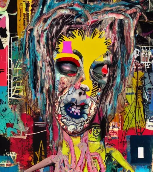 Prompt: acrylic painting of a bizarre psychedelic woman in japan surrounded by nightmares and decay, mixed media collage by basquiat and jackson pollock, maximalist magazine collage art, retro psychedelic illustration