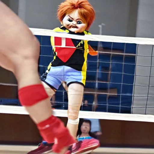 Prompt: screaming chucky doll playing volleyball and wearing tight volleyball shorts