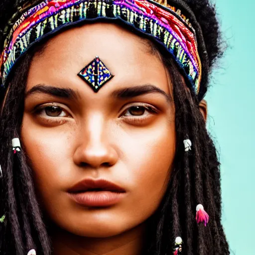 Prompt: closeup photo of a young american tribal woman in the style of rosie matheson