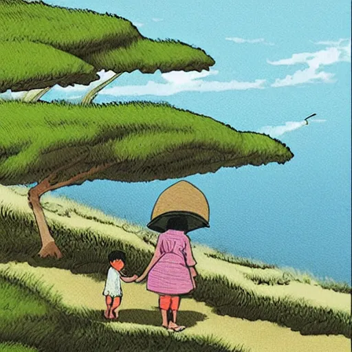 Image similar to “detailed illustration or mother and child playing next to the ocean, Miyazaki arty style”