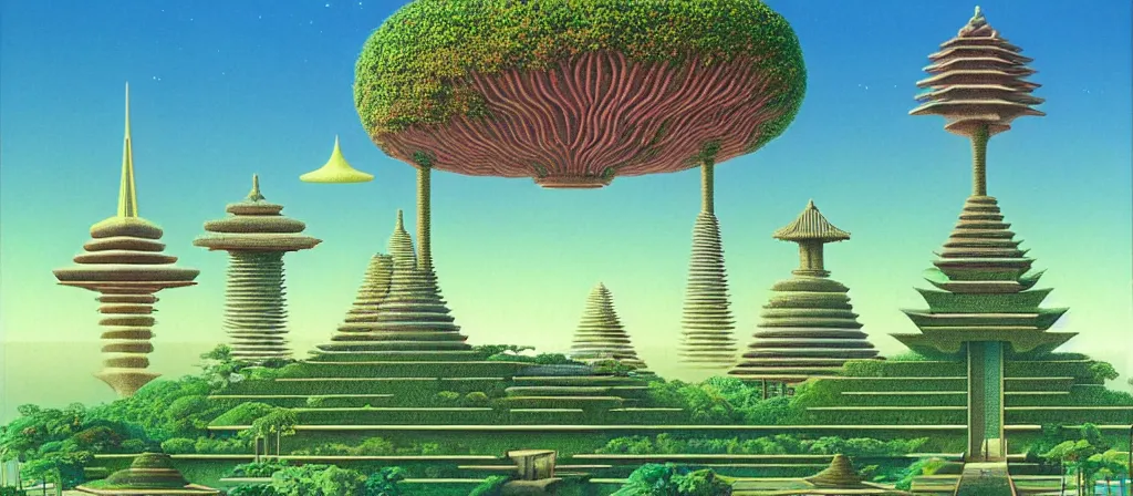 Image similar to huge gargantuan angular dimension of pagoda liminal spaces, temples by escher and ricardo bofill. utopian singaporean landscape by roger dean. magical realism, surrealism, lush sakura trees, waterfalls, thunder, lightning, vaporwave, trending on artstation, shot from below, epic scale