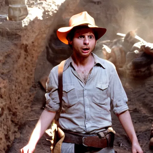 Image similar to Michael Cera as indiana jones in raiders of the lost ark, 8k resolution, full HD, cinematic lighting, award winning, anatomically correct