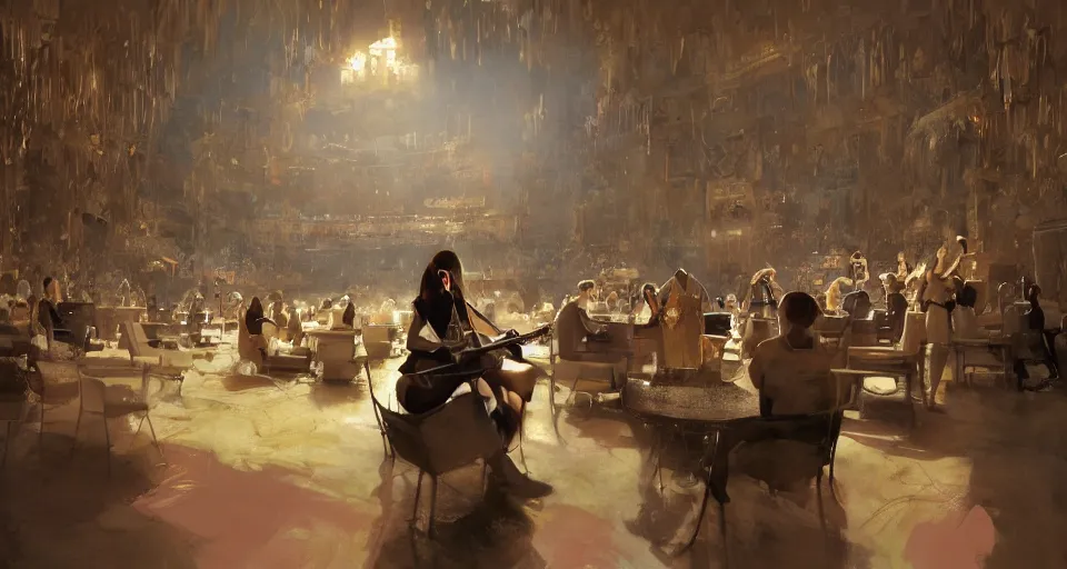 Image similar to craig mullins and ghibli digital art of inside the theater, on the stage, masked female violinists, exotic costumes, gold jewelry, black hair, solo performance hyper realism, realistic shading, cinematic composition, realistic render, octane render, detailed textures, photorealistic, wide shot