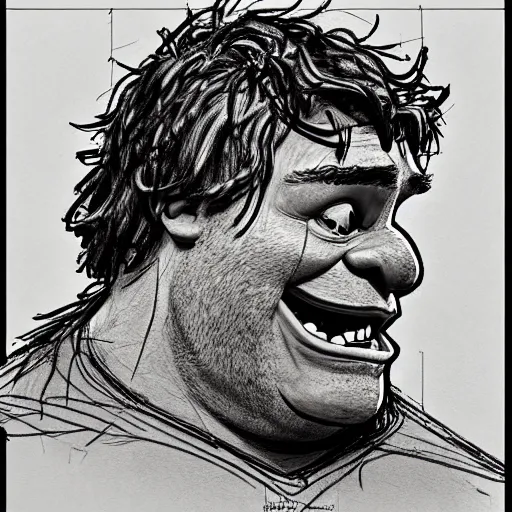 Image similar to a realistic yet scraggly portrait sketch of the side profile of a stern and sophisticated shrek, trending on artstation, intricate details, in the style of frank auerbach, in the style of sergio aragones, in the style of martin ansin, in the style of david aja, in the style of mattias adolfsson