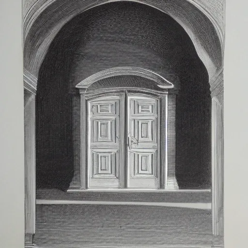 Prompt: lithograph of a door that is ajar.