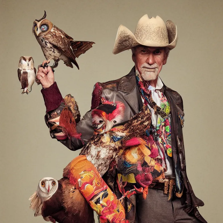 Image similar to high fashion photoshoot octane render portrait by wayne barlow and carlo crivelli and glenn fabry, a distinguished old cowboy wearing a colorful wes anderson designed cowboy costume and holding a barn owl inside a high - end exotic colorful pastel vintage boutique hotel lounge, very short depth of field, bokeh