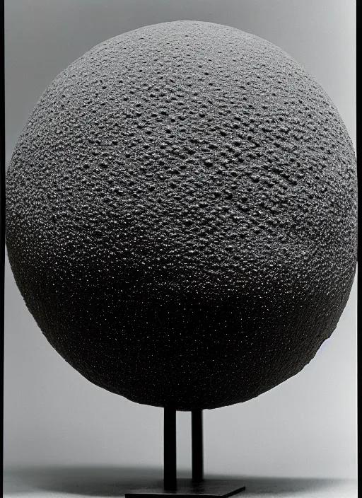 Image similar to realistic photo of a scientific model of an ugly rough fluffy hairy molecule globe made of black clay covered with white dots with wooden details, front view 1 9 9 0, life magazine reportage photo, metropolitan museum photo