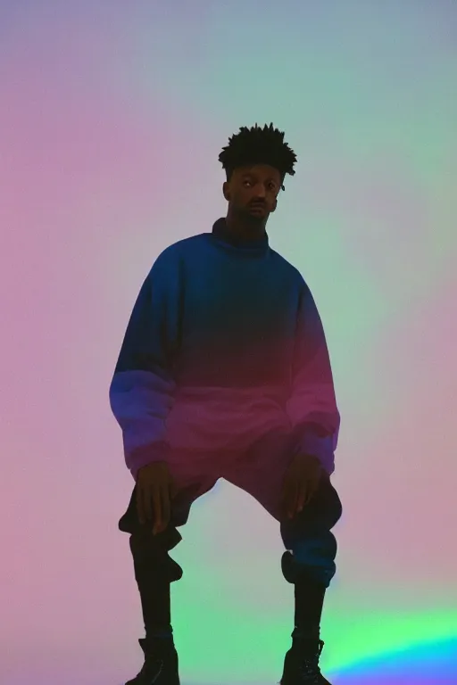 Image similar to high quality pastel coloured film close up wide angle photograph of 2 1 savage wearing clothing resting on cloud furniture in a icelandic black rock!! environment in a partially haze filled dreamstate world. three point light, rainbow. photographic production. art directed. pastel colours. volumetric clouds. pastel gradient overlay. waves glitch artefacts. extreme facial clarity. 8 k. filmic.