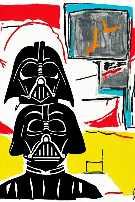 Image similar to an illustration of darth vader watching tv in the style of basquiat by margaret wise brown