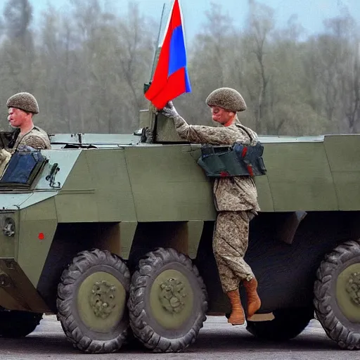 Image similar to russian soldiers in full uniform ride on an armored personnel carrier with the flag of the russian empire