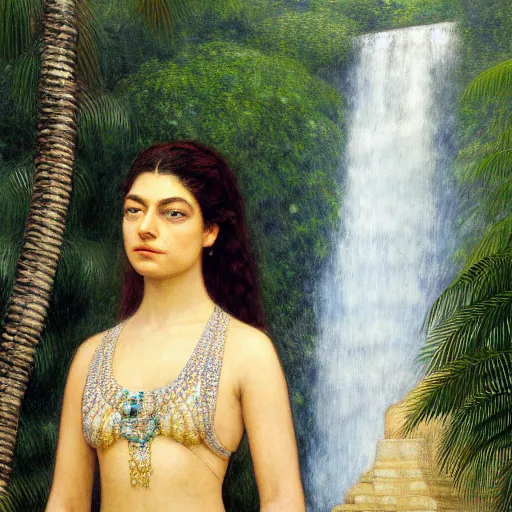 Image similar to a ultradetailed beautiful painting of lorde standing in front of the diamonds waterfall in the amazonas palace balustrade designed by jules bastien - lepage, tarsila do amaral, frank weston and gustave baumann, beach, trending on artstation, mediterranean, palm trees, sharp focus, soft light, 8 k 4 k