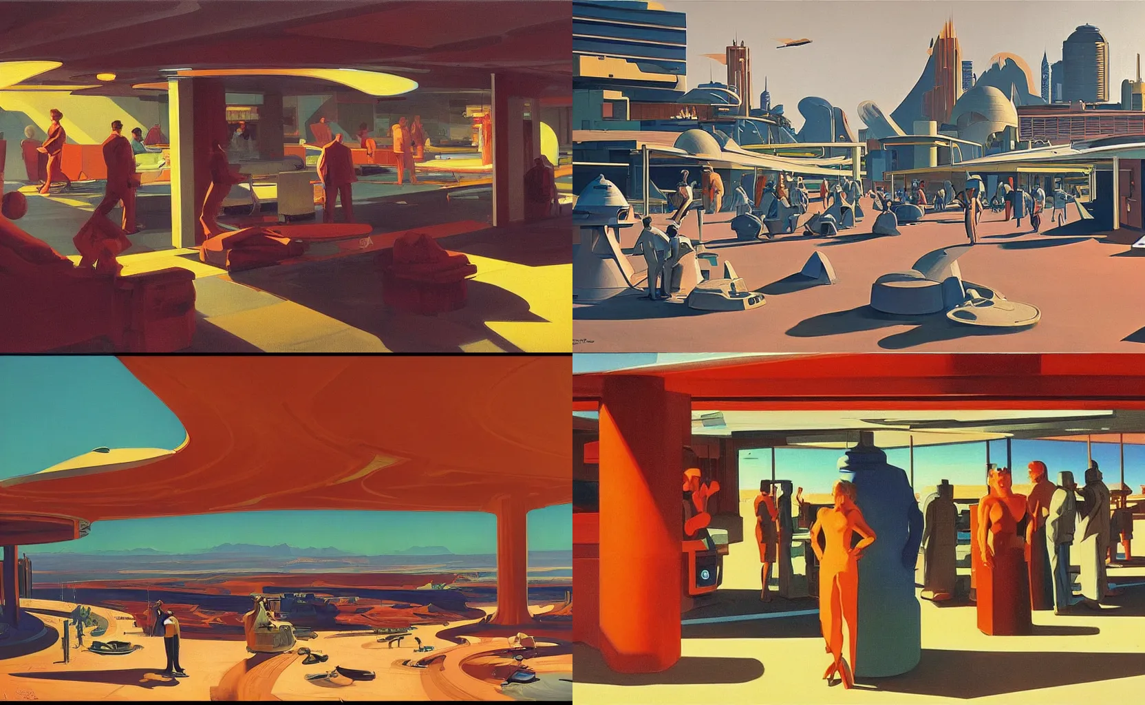 Prompt: a bustling martian colony, sci - fi painting by syd mead and edward hopper