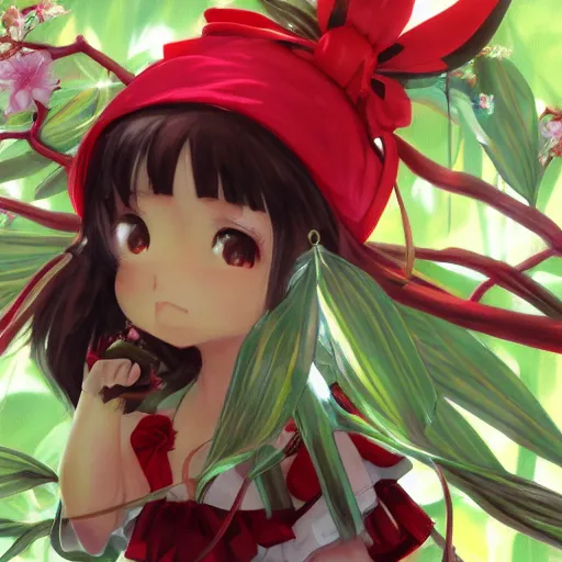 Prompt: a imaginefx cgsociety of reimu in the jungle wearing bonnet