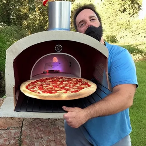 Prompt: shocked man opens pizza oven and discovers a pizza