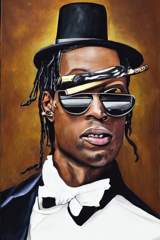 Prompt: portrait of travis scott with sunglasses and a top hat holding a katana, thick lines