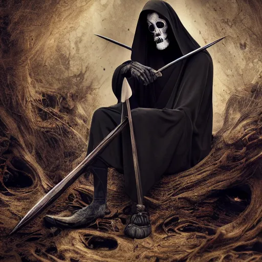 Image similar to grim reaper relaxing, fantasy, intricate, sharp focus, contemporary fashion shoot, by edward robert hughes, annie leibovitz and steve mccurry, david lazar, jimmy nelsson, extremely detailed, hyperrealistic, perfect face, octane render