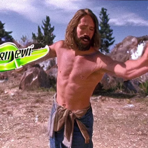 Prompt: jesus christ in a 1 9 9 0 s mountain dew commercial, movie still