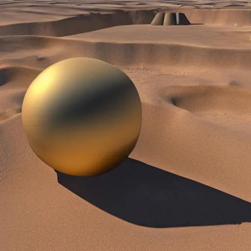 Image similar to in the center of a large sandy quarry in the sand lies a large golden ball, a broken excavator is standing nearby, an anomalous air funnel is nearby, 3 d render, high quality, depth of sharpness, focus on the object