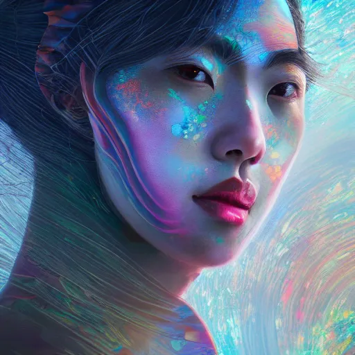 Image similar to a matte painting of a stunningly beautiful japanese woman with skin made of double sided koroit patterned boulder opal, paint swirl aesthetic, by Sam Spratt and Dan Mumford, 8k resolution, ultra-high definition, UHD, metal materials, marble materials, wood materials