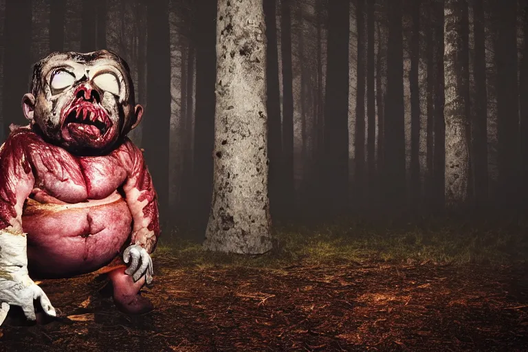 Image similar to big fat butcher with a scary face chops a piece of meat on the stump in a dark forest, night scene, old photo, scary, creepy, terrible atmosphere