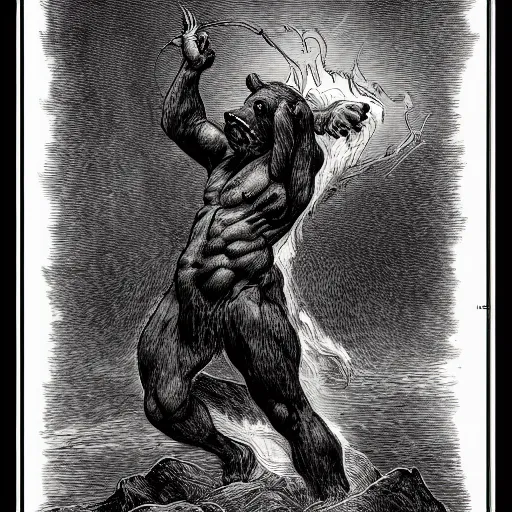 Prompt: full body grayscale drawing by Gustave Dore of muscled humanoid bear beast in heroic pose, swirling flames in background