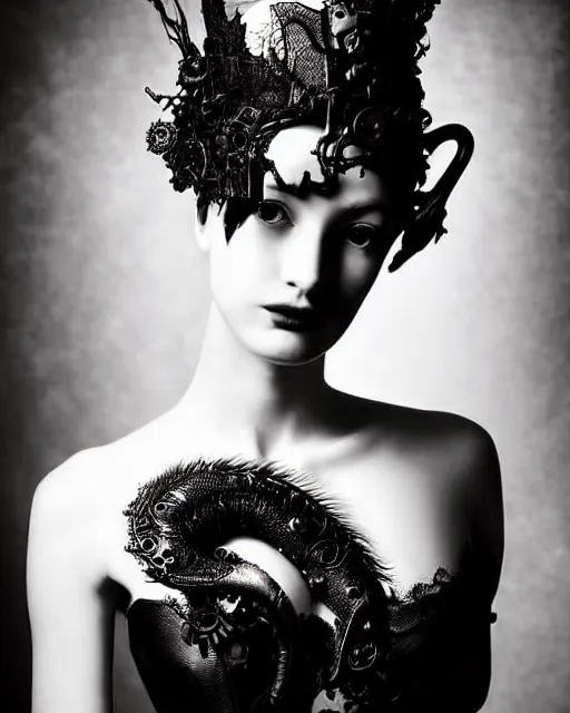 Image similar to a black and white high quality dreamy photo of a young beautiful female queen-silver dragon-vegetal-flower-cyborg black lace veiled bust with a very long steampunk cyborg neck, elegant, highly detailed, poetic, soft, dreamy, mysterious, high fashion, in the style of Horst P. Horst, Metropolis, Realistic, Refined, Digital Art, Highly Detailed, Cinematic Lighting, rim light, black and white, photo-realistic, 8K