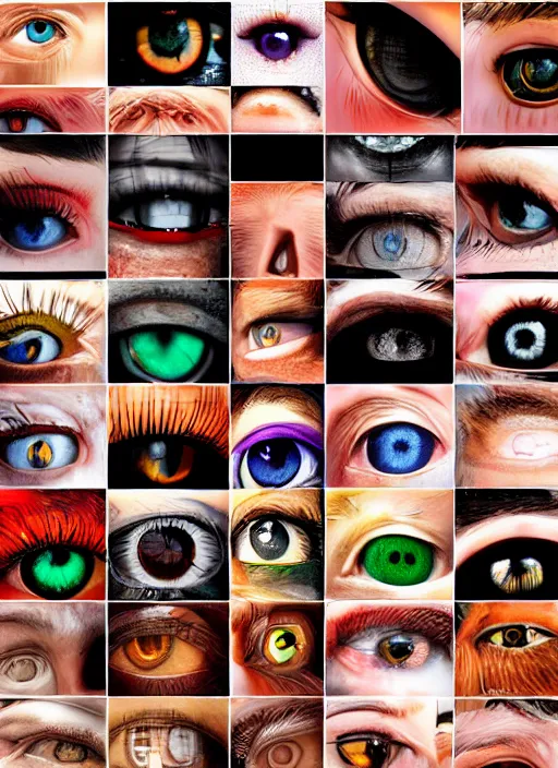 Image similar to grid montage of eyes, detailed colored textures, eyelashes, advanced art, art styles mix, from wikipedia, wet reflections in eyes, sunshine lighting, hd macro photograph, from side, various eyelid positions, black sphere pupil centered