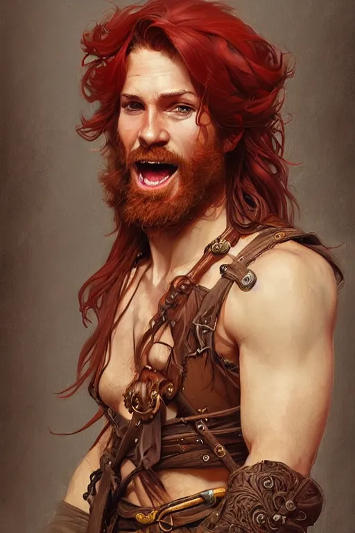 Image similar to portrait of a young ruggedly handsome but joyful pirate, male, masculine, full body, red hair, waist long hair, fantasy, intricate, elegant, highly detailed, digital painting, artstation, concept art, matte, sharp focus, illustration, art by artgerm and greg rutkowski and alphonse mucha