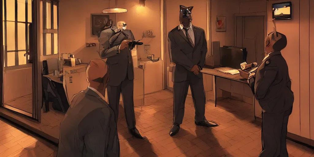 Image similar to tom in a suit is being interrogated by the officer jenkins at the police station, zenith view, warm color palette, night time, dramatic lighting, noir film, fine details, high contrast, blacksad, kim jung gi, greg rutkowski, trending on artstation, 8 k, ultra wide angle