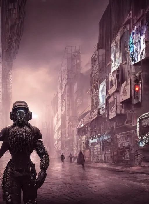 Image similar to hyperrealism, detailed textures, photorealistic 3 d cyberpunk octopus in apocalyptic city, futuristic clothing and helmet, ultra realistic, cinematic, intricate, cinematic light, unreal engine 8 k