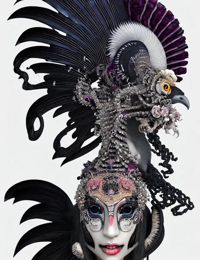 Image similar to 3 d goddess close - up profile portrait punk with mohawk with ram skull. beautiful intricately detailed japanese crow kitsune mask and clasical japanese kimono. betta fish, jellyfish phoenix, bio luminescent, plasma, ice, water, wind, creature, artwork by tooth wu and wlop and beeple and greg rutkowski